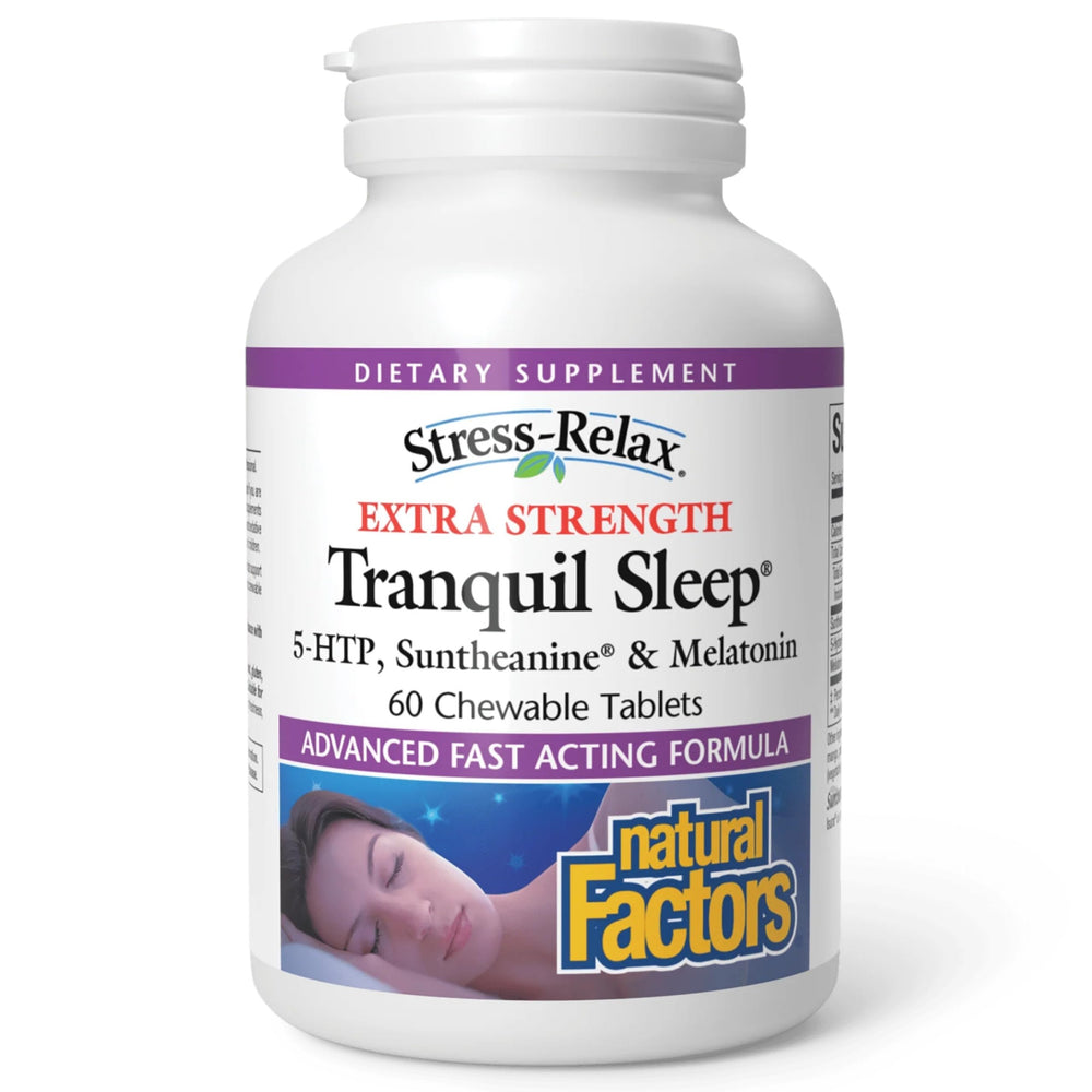 Natural Factors empaque frontal de Tranquil Sleep mostrando la marca y beneficio para dormir