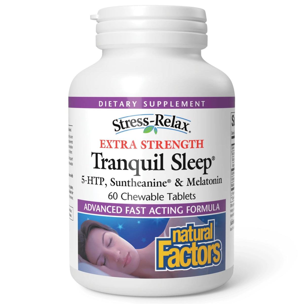 Natural Factors empaque frontal de Tranquil Sleep mostrando la marca y beneficio para dormir