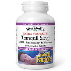 Natural Factors empaque frontal de Tranquil Sleep mostrando la marca y beneficio para dormir