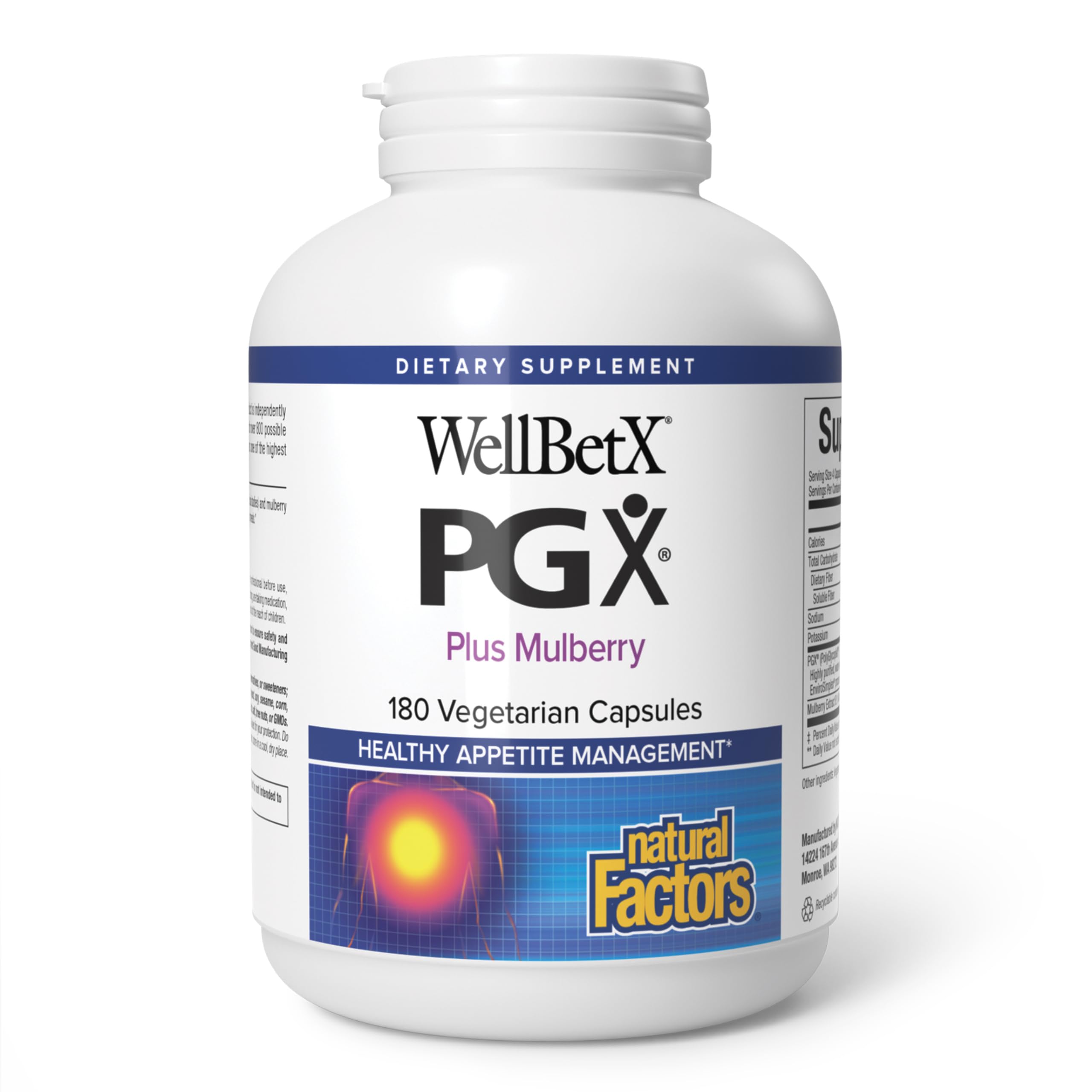 Natural Factors envase frontal PGX Plus Mulberry mostrando dosis y marca