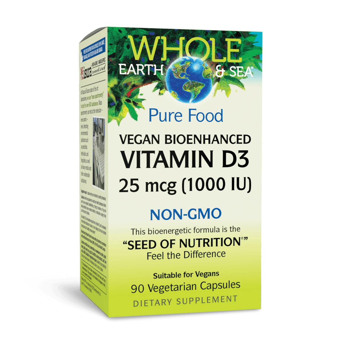 Natural Factors envase frontal de vitamina D3 mostrando dosis y vegano