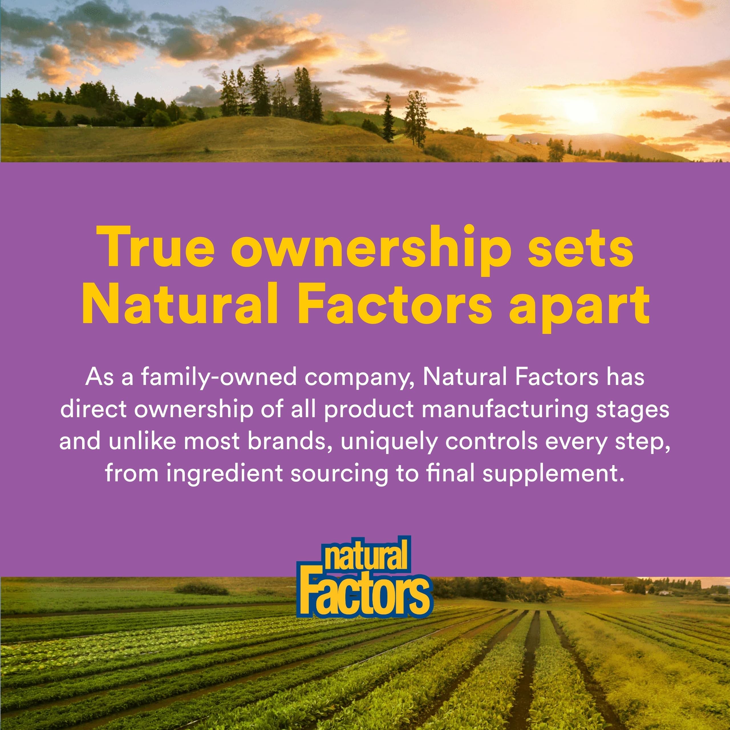 Natural Factors ingredientes en cultivo orgánico resaltando origen sostenible