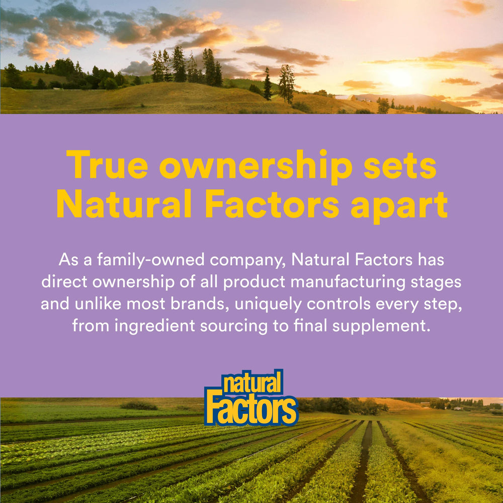 Natural Factors frasco y tabletas en mesa para rutina diaria