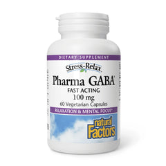 Natural Factors envase frontal que muestra Pharma GABA y beneficio de calma