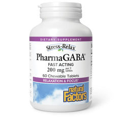 Natural Factors Pharma GABA envase frontal mostrando marca y formato masticable para tranquilidad