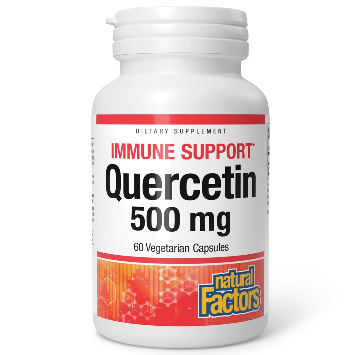Natural Factors frasco frontal mostrando quercetina 500 mg y beneficio antioxidante