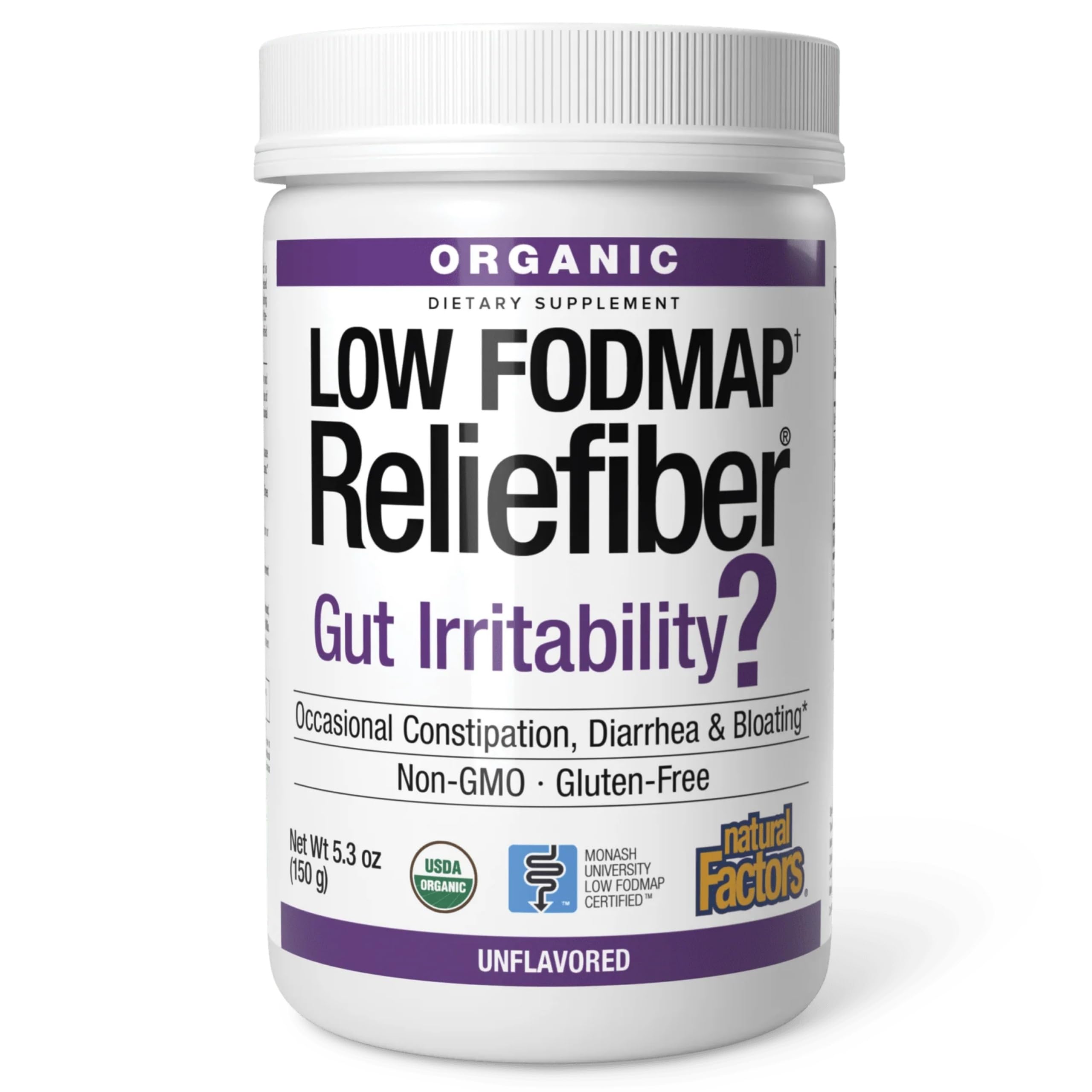 Natural Factors frente del empaque que muestra producto orgánico y bajo FODMAP