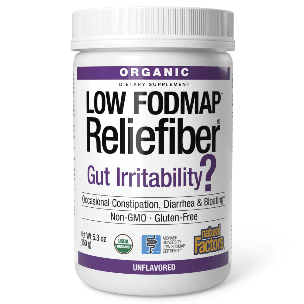 Natural Factors frente del empaque que muestra producto orgánico y bajo FODMAP