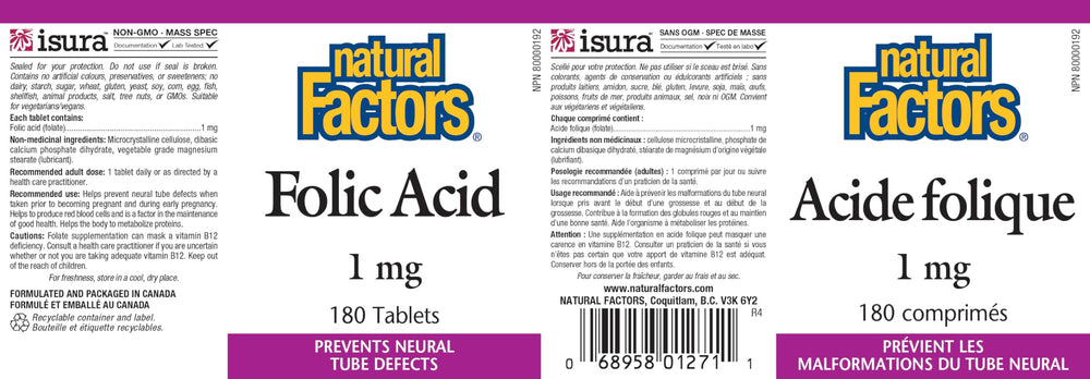 Natural Factors primer plano de tableta de ácido fólico destacando tamaño y facilidad de ingestión
