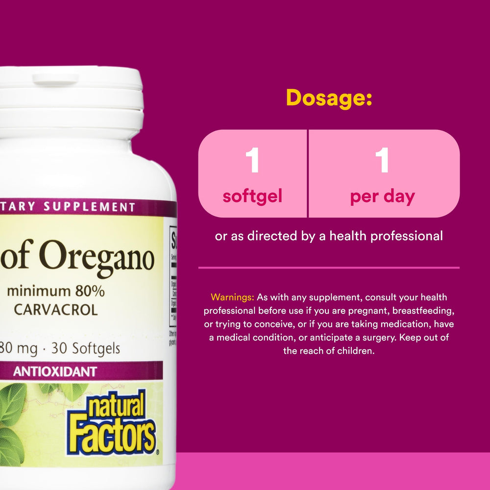 Natural Factors detalle del aceite de orégano destilado resaltando potencia