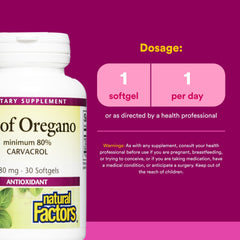 Natural Factors detalle del aceite de orégano destilado resaltando potencia