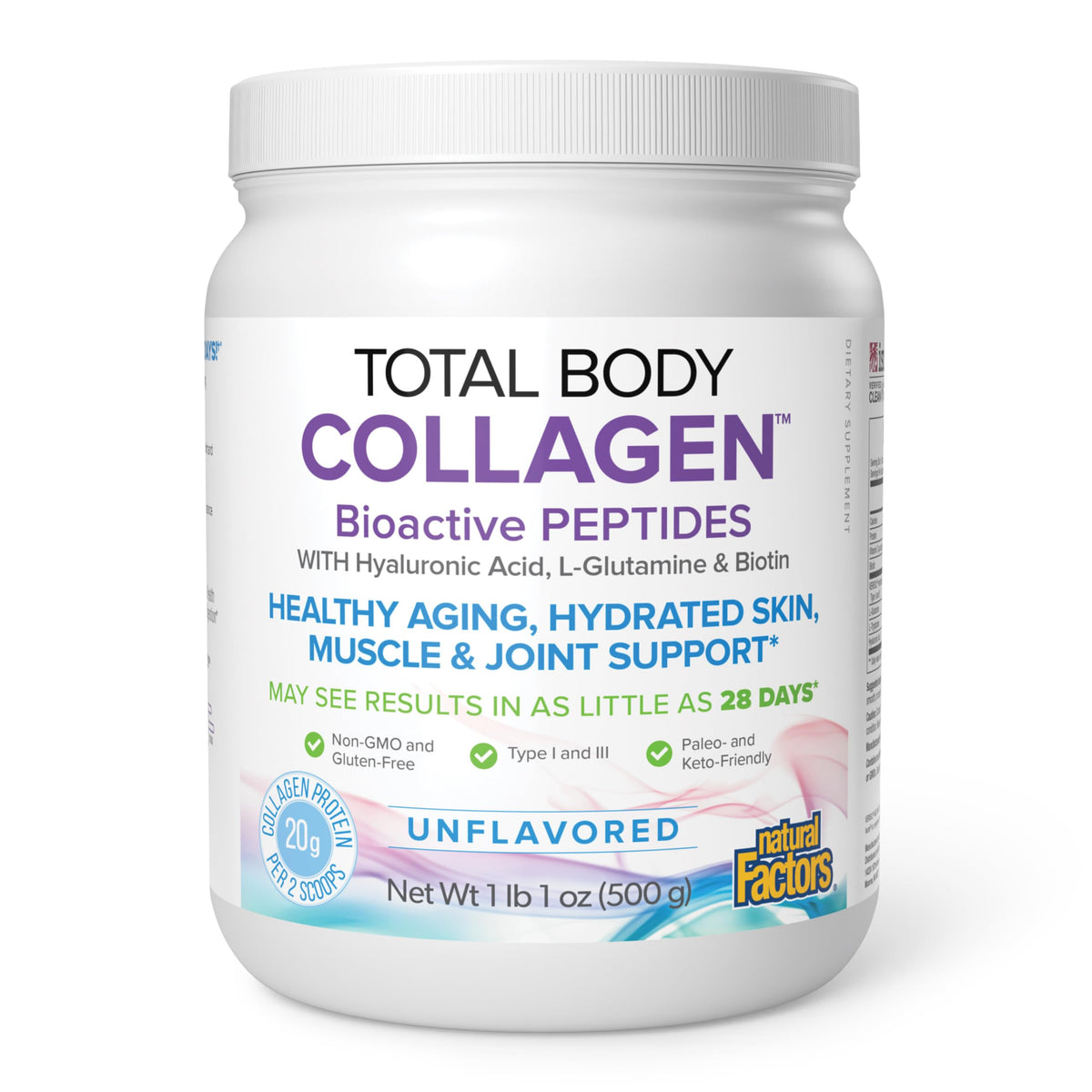 Natural Factors envase frontal del producto mostrando etiqueta clara y beneficios