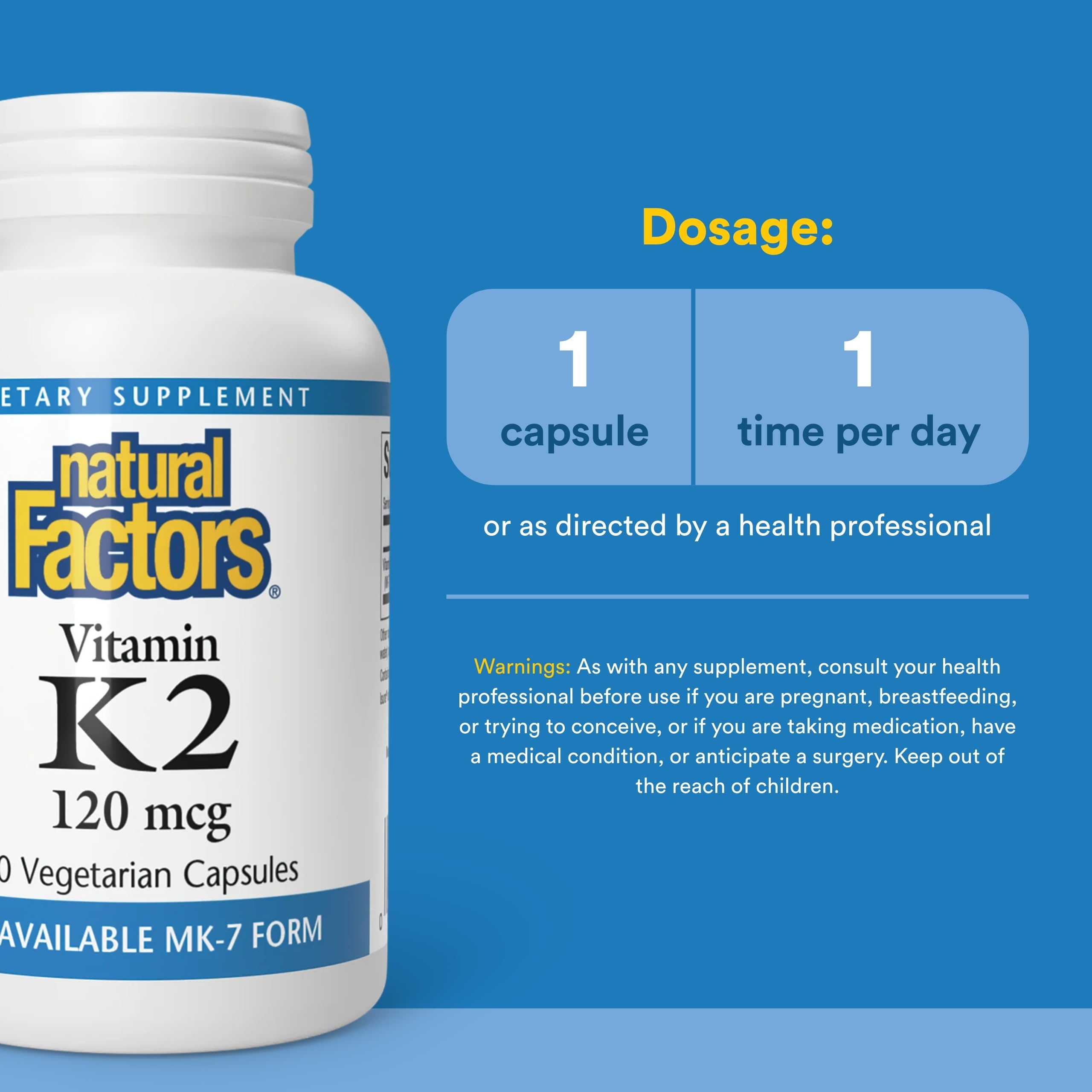 Natural Factors etiqueta con información de MK‑7 y garantías de pureza