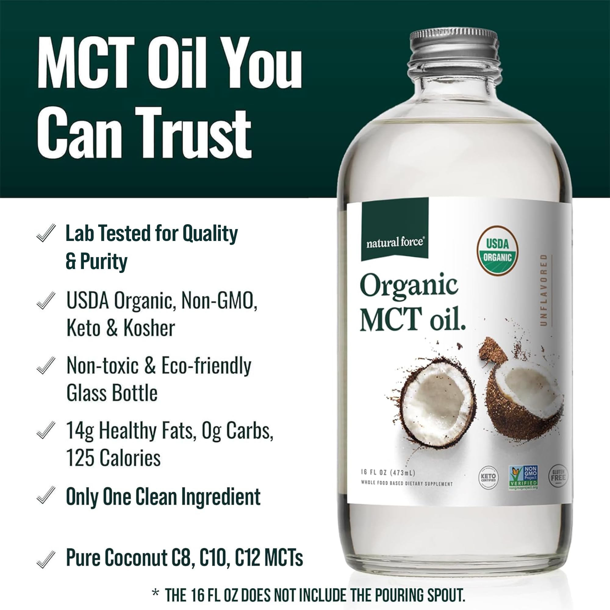 Natural Force textura del aceite MCT en cerca que muestra consistencia ligera