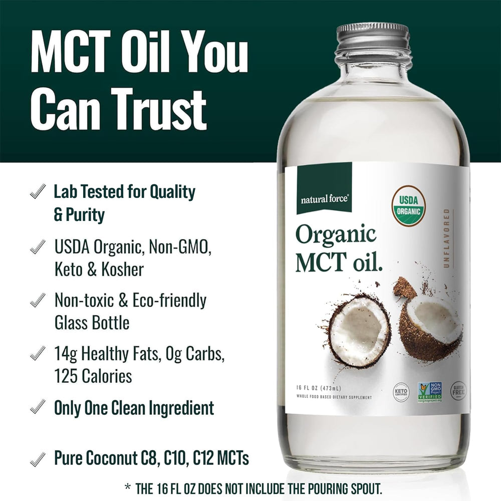 Natural Force textura del aceite MCT en cerca que muestra consistencia ligera