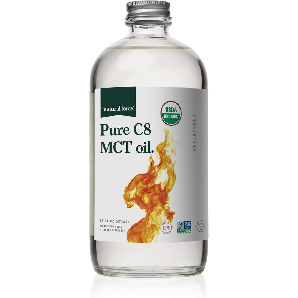 Natural Force botella frontal en vidrio que muestra pureza y sostenibilidad