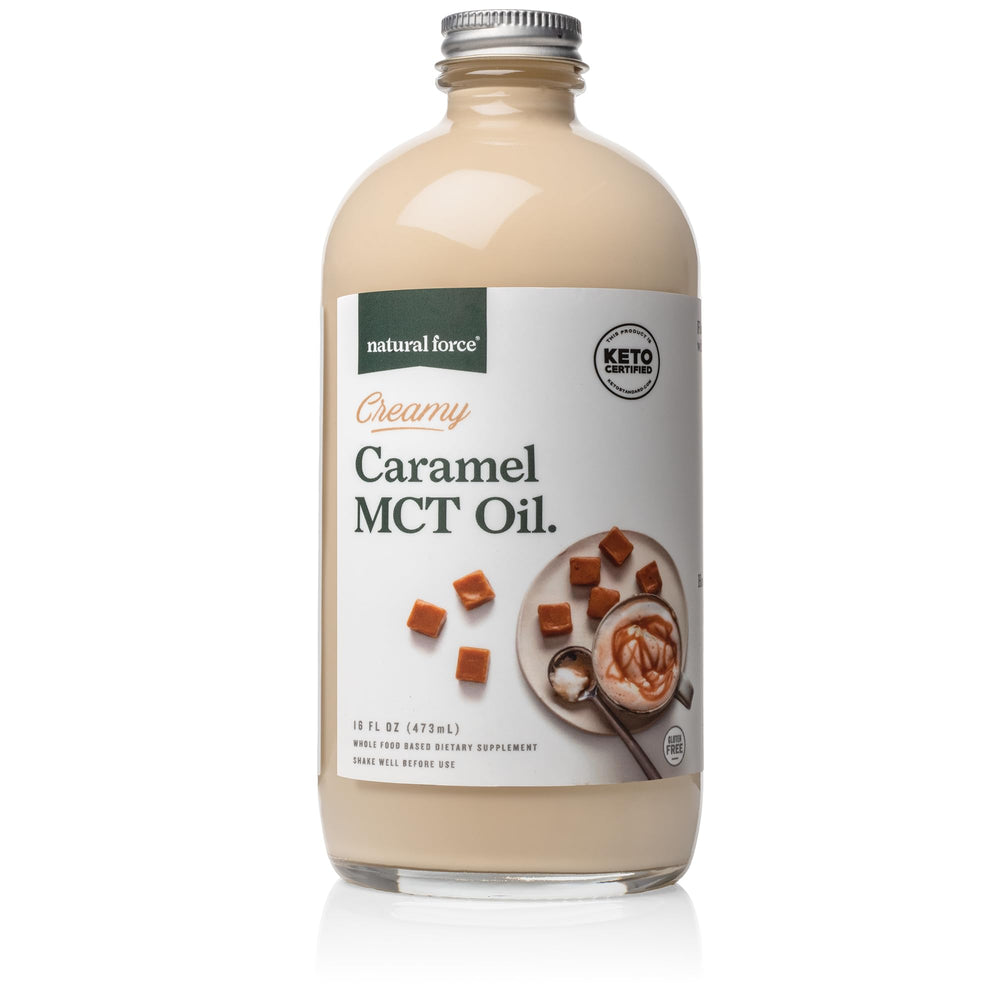 Natural Force botella frente mostrando etiqueta y sabor caramelo, apariencia atractiva