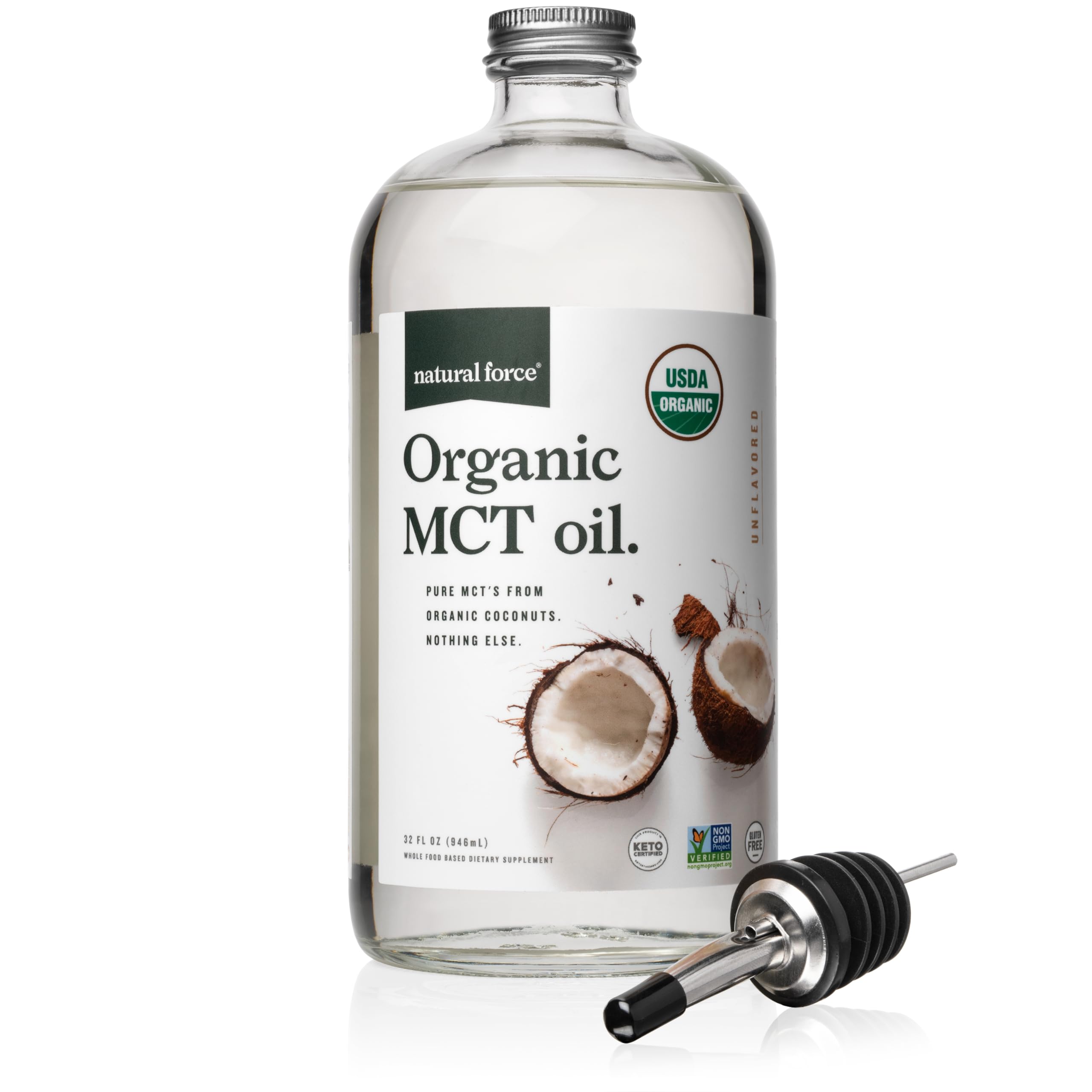 Natural Force botella 32 oz junto a objetos, muestra tamaño y rendimiento