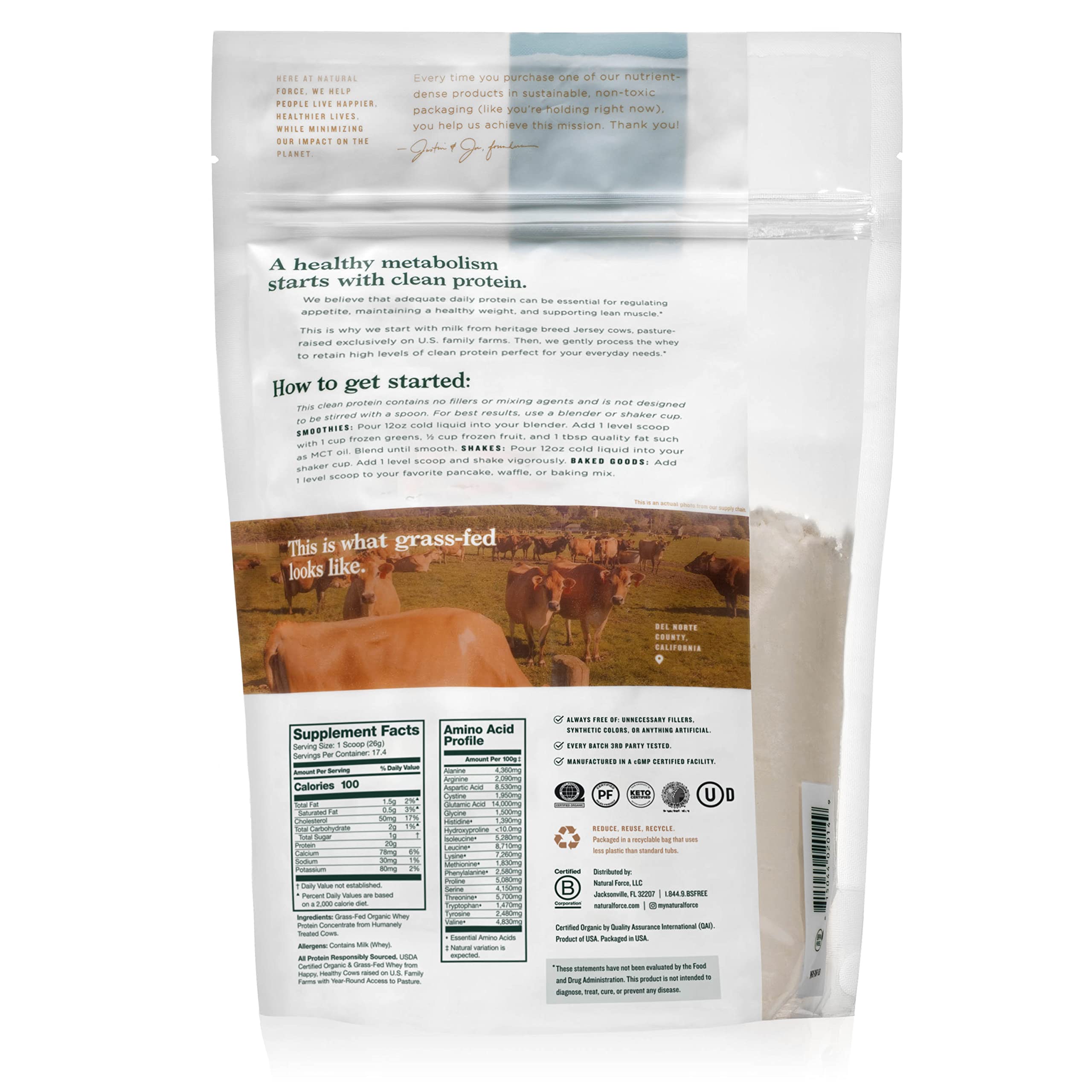 Natural Force textura del polvo de proteína cerca, aspecto fino y puro