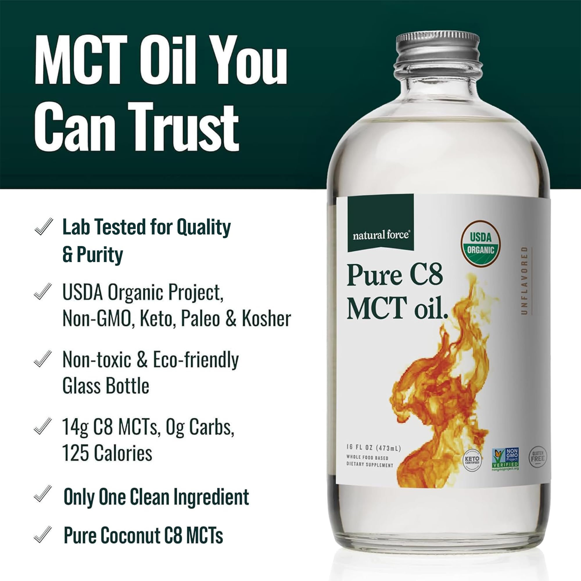 Natural Force vertiendo aceite MCT C8 en café para energía rápida