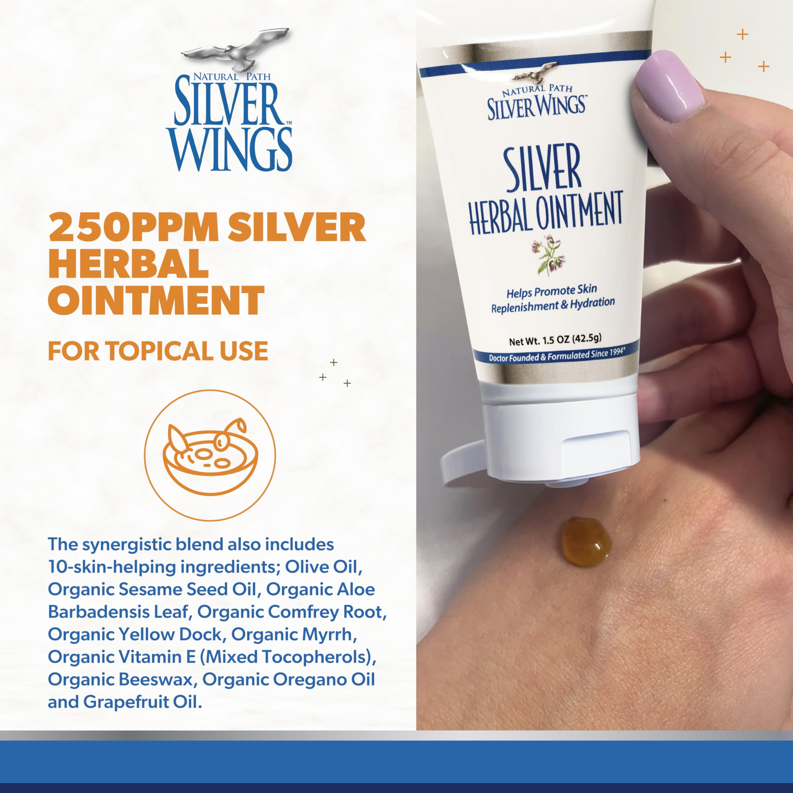 Natural Path Silver Wings aplicación sobre mano demostrando uso práctico y sensación nutritiva