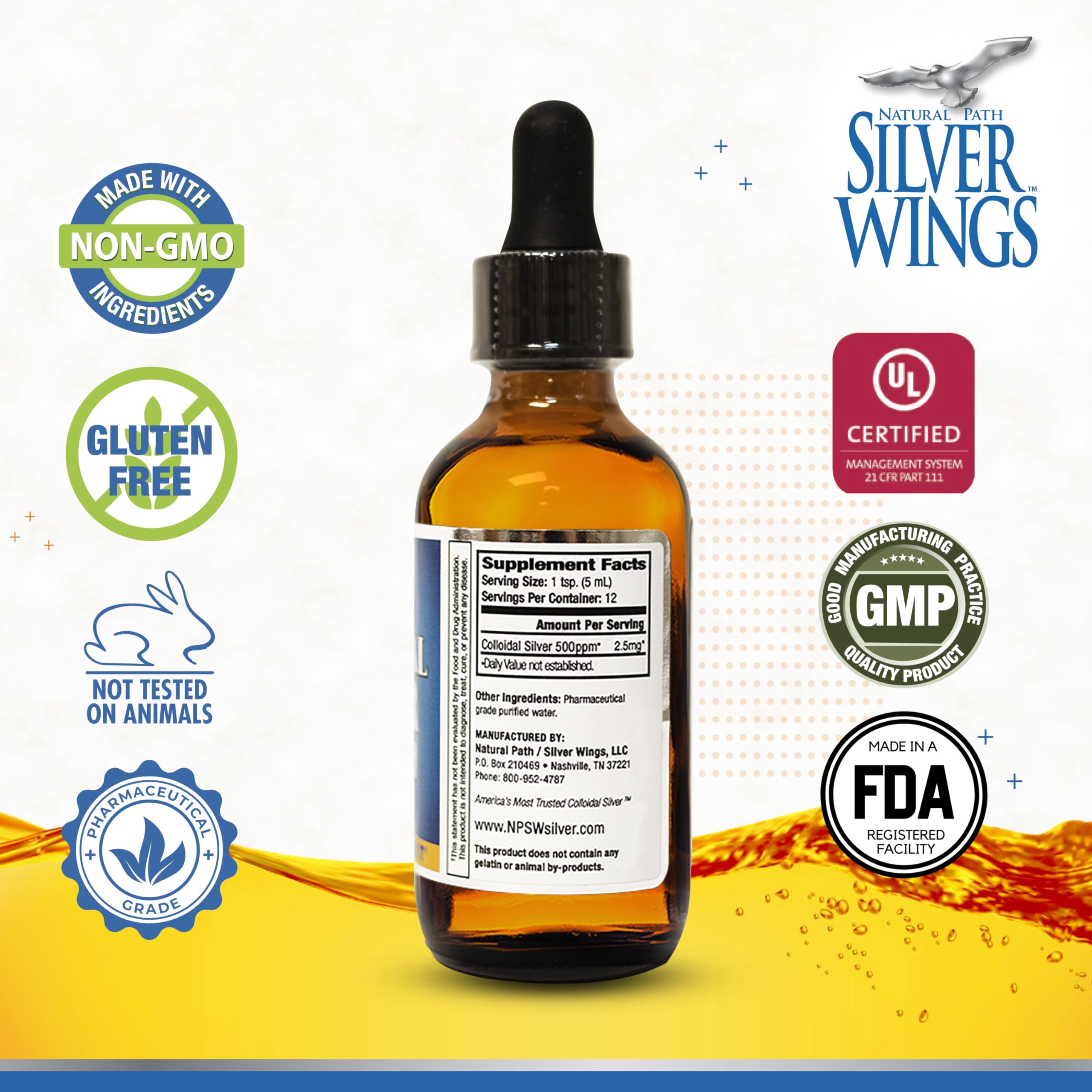 Natural Path Silver Wings primer plano de la textura líquida que muestra partículas finas y pureza