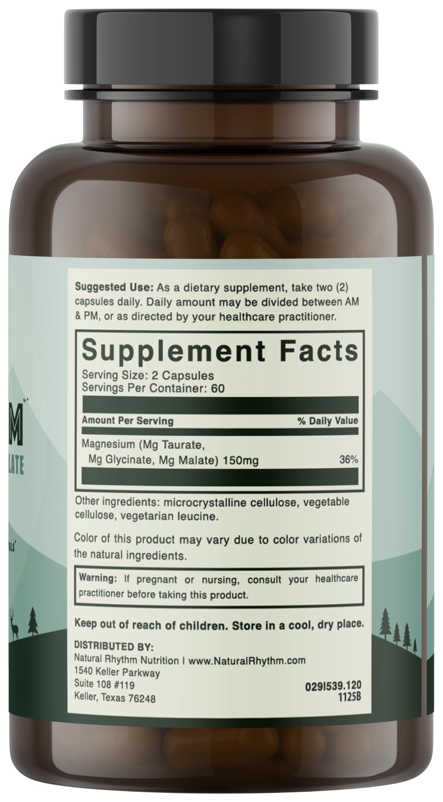 Natural Rhythm etiqueta nutricional enfocada en información de magnesio y composición