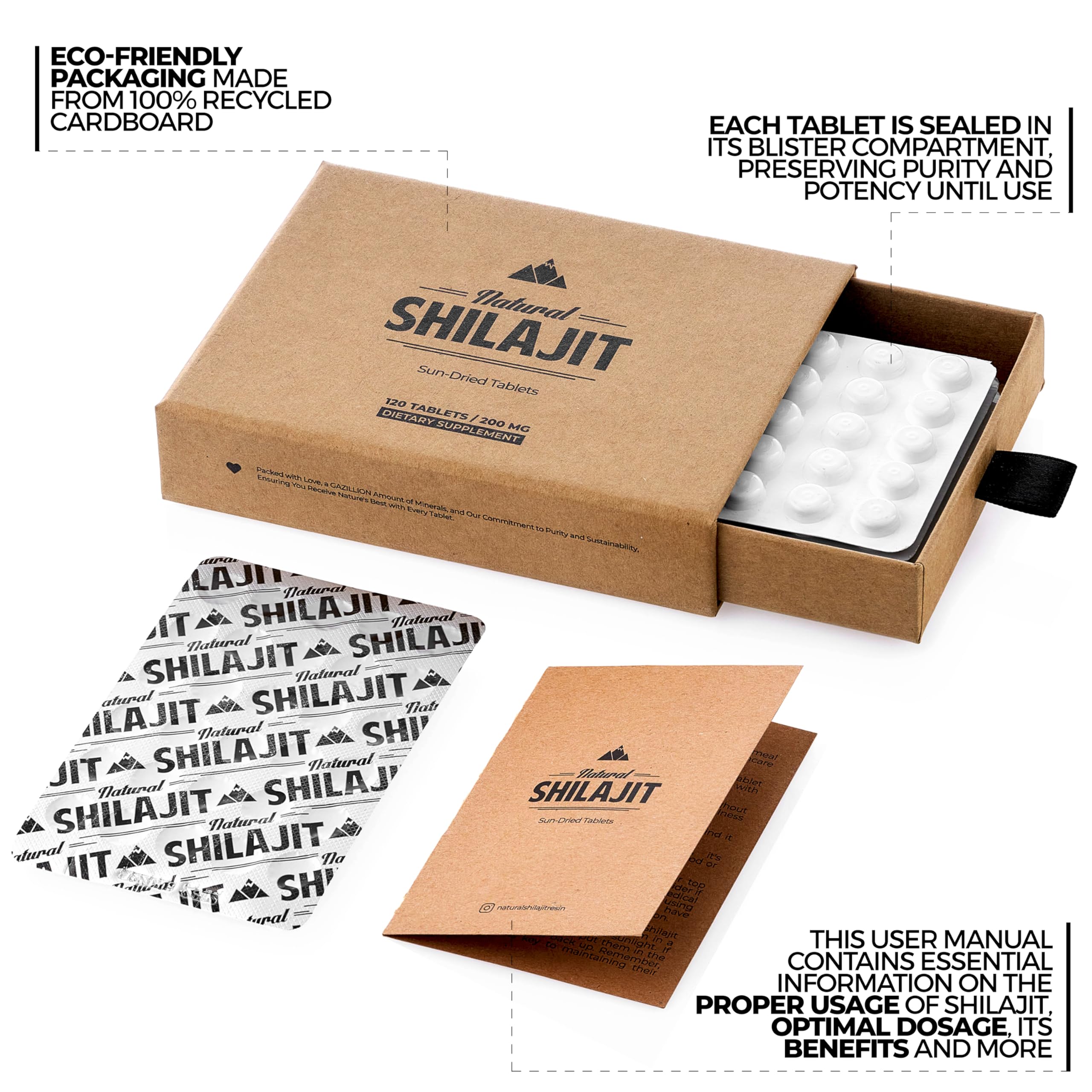 NATURAL SHILAJIT tableta en mano que muestra la escala y facilidad