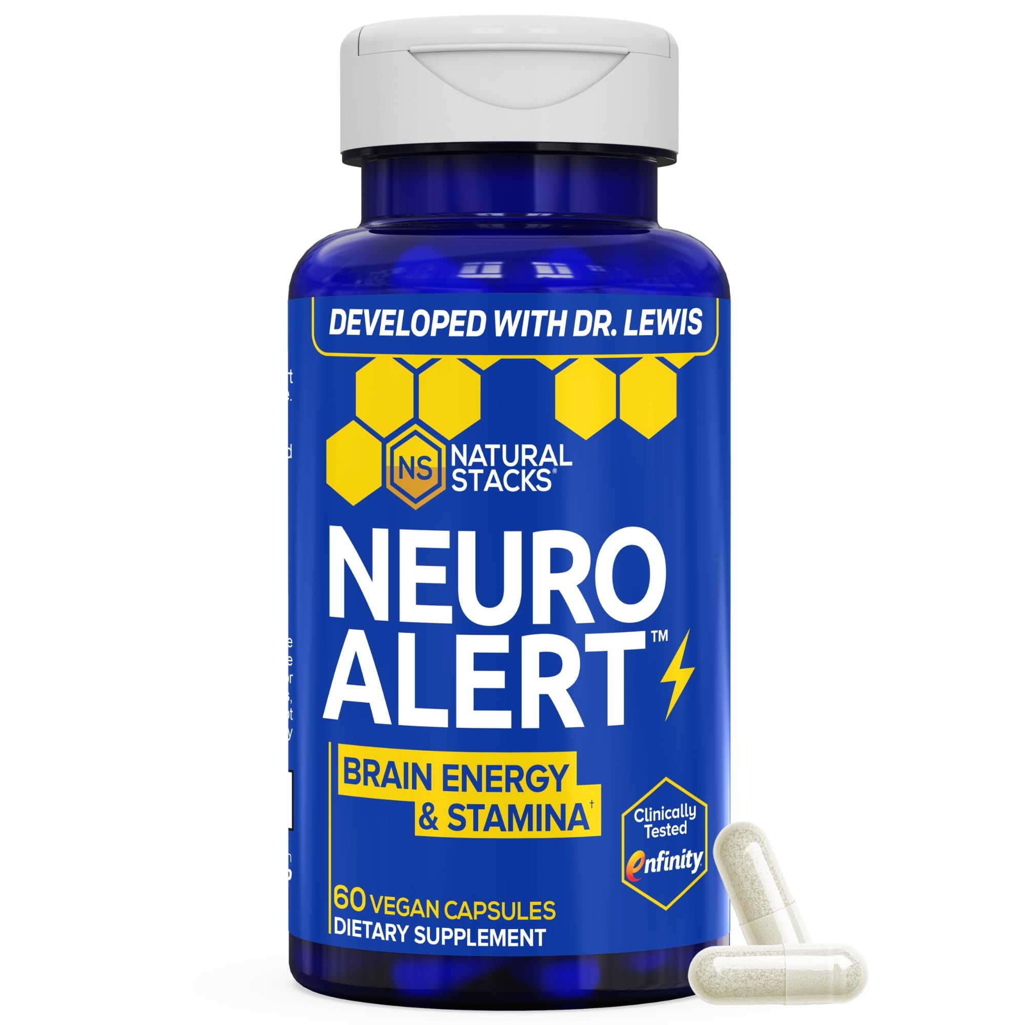 NATURAL STACKS NeuroAlert envase frontal mostrando 60 cápsulas y claridad de etiqueta