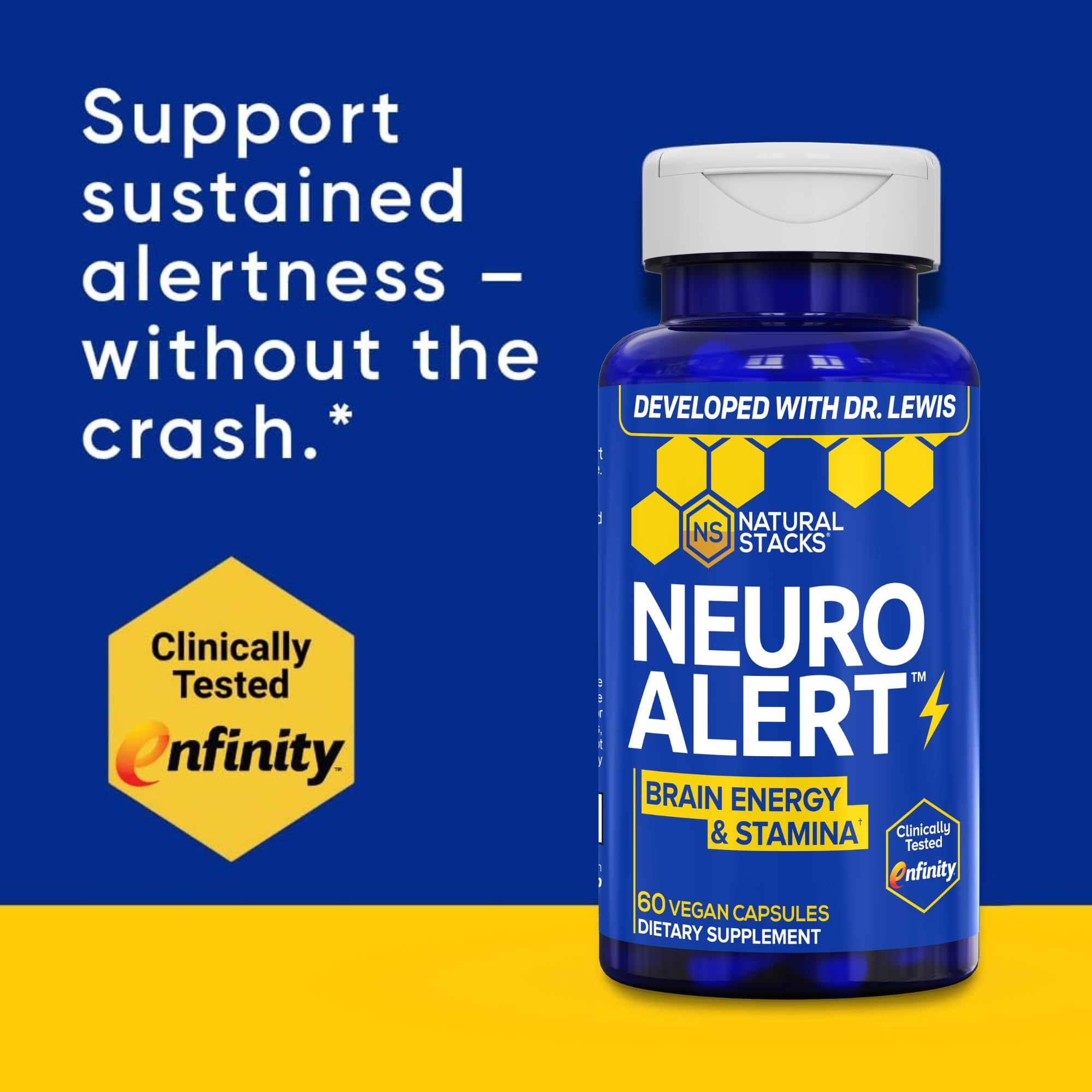 Persona tomando NeuroAlert en escritorio, NATURAL STACKS mejora concentración laboral