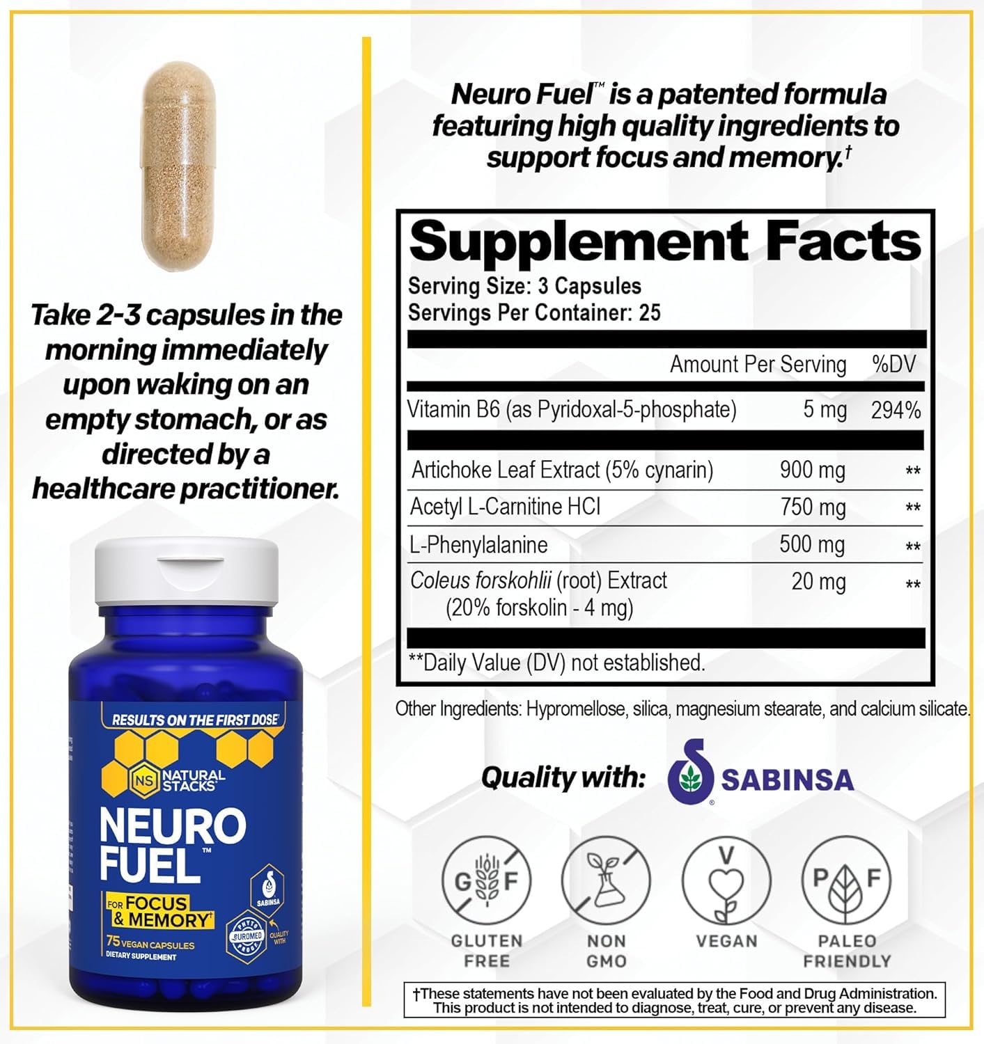 NATURAL STACKS NeuroFuel etiqueta detallada mostrando ingredientes y pureza