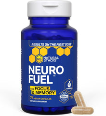 NATURAL STACKS NeuroFuel vista frontal del frasco con diseño claro y legible