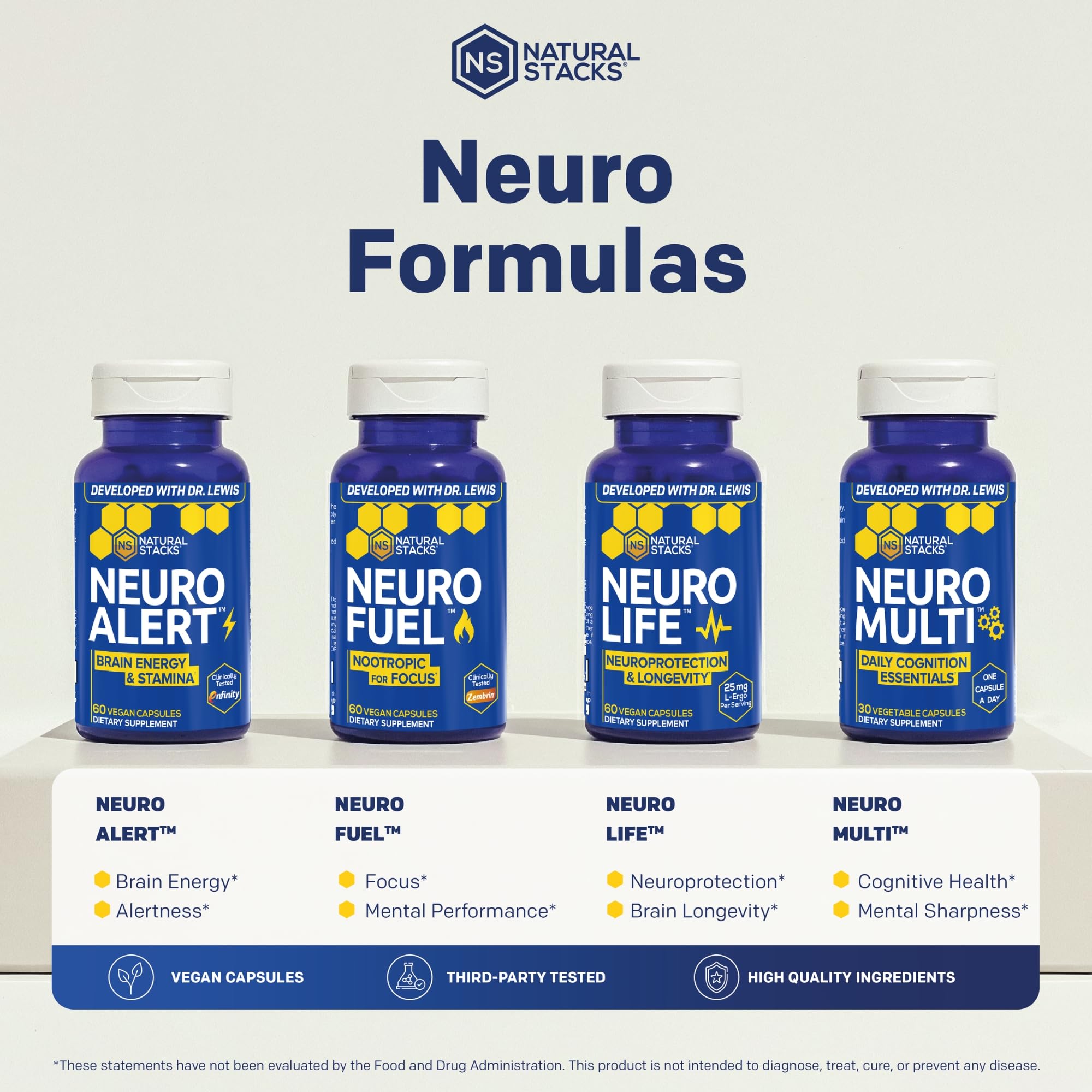 NATURAL STACKS NeuroFuel frasco sobre escritorio sugiriendo uso diario productivo
