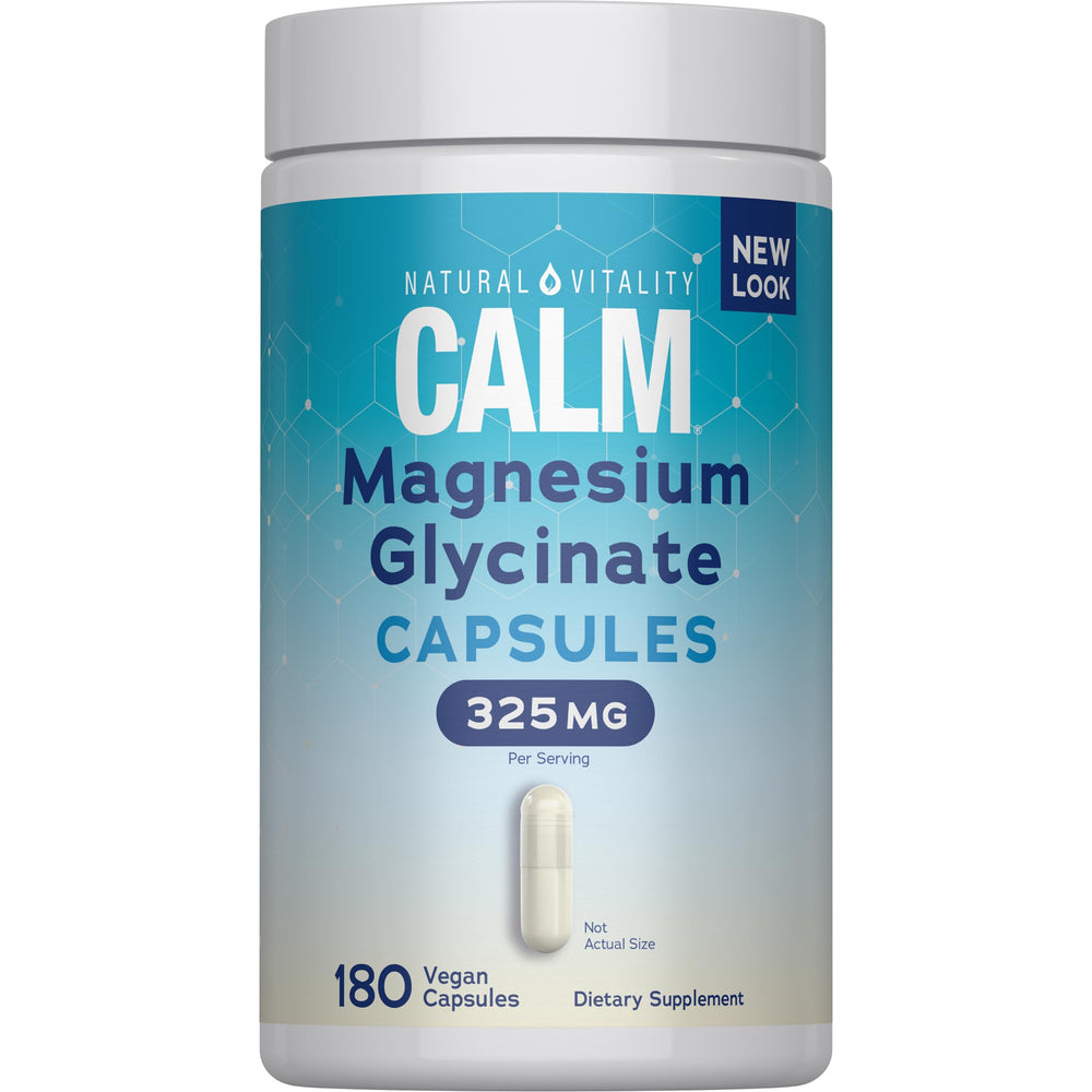 Natural Vitality Calm frente del envase mostrando 180 cápsulas y beneficios claros
