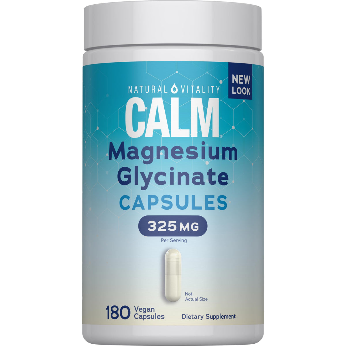 Natural Vitality Calm frente del envase mostrando 180 cápsulas y beneficios claros