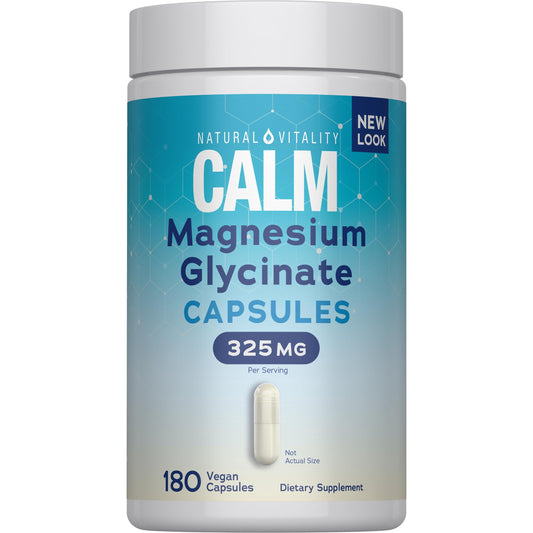Natural Vitality Calm frente del envase mostrando 180 cápsulas y beneficios claros