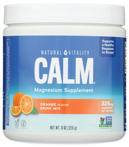 Natural Vitality CALM vista frontal del envase mostrando la marca y el sabor naranja, fácil identificación
