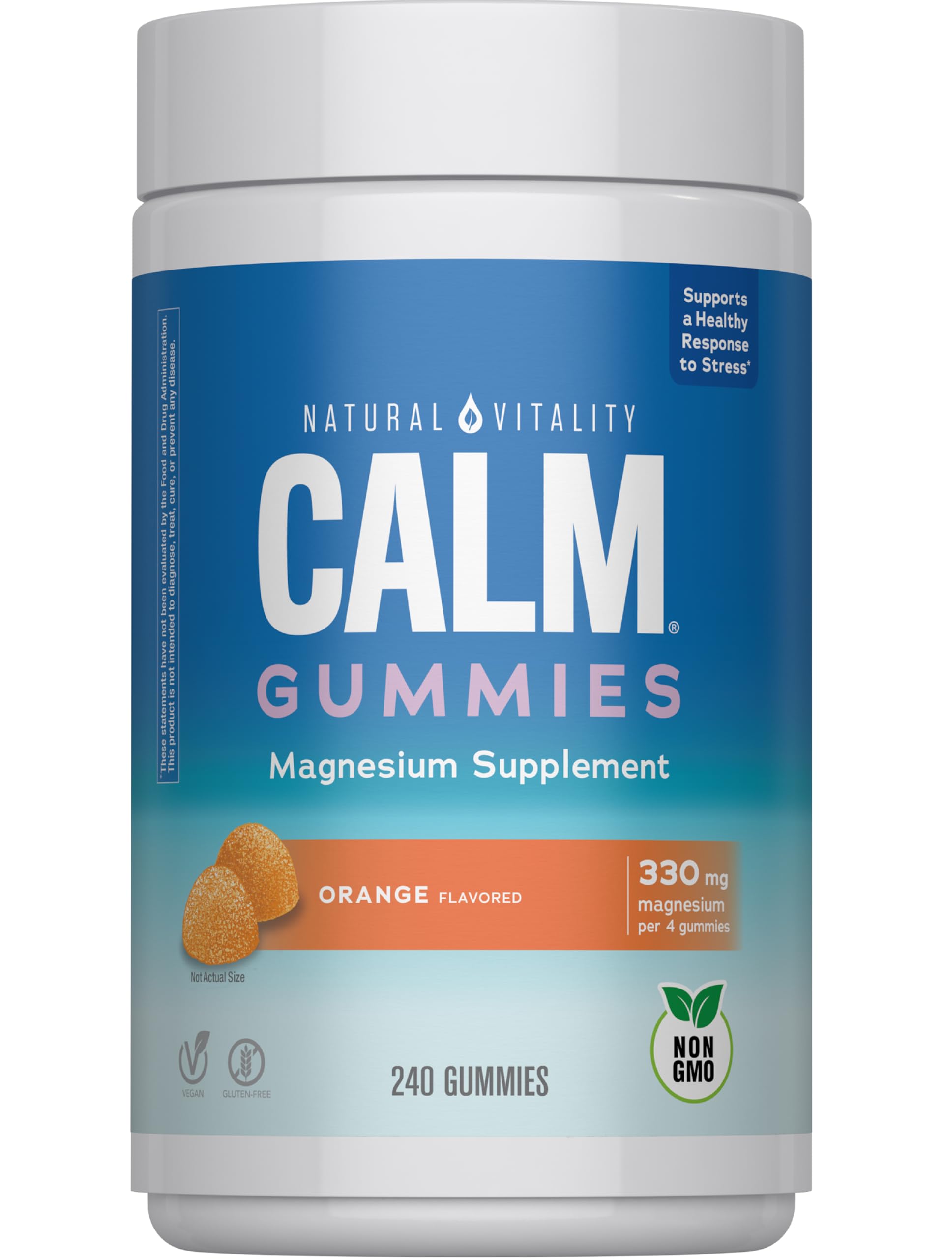 Natural Vitality frasco frontal de CALM Gummies sabor naranja listo para llevar y fácil de tomar