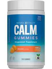 Natural Vitality frasco frontal de CALM Gummies sabor naranja listo para llevar y fácil de tomar