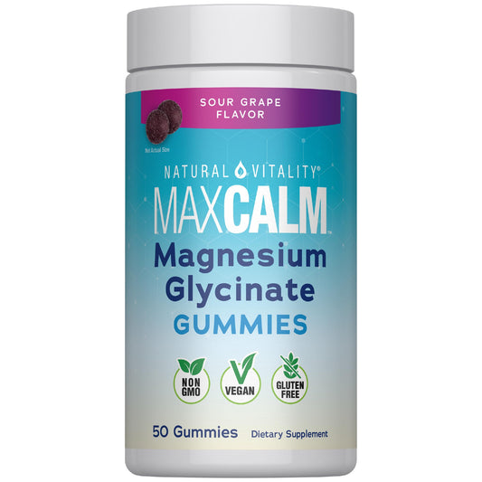 Natural Vitality envase frontal de CALM Gummies mostrando el sabor uva