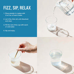 Natural Vitality cucharadita junto a un vaso para medir la dosis precisa