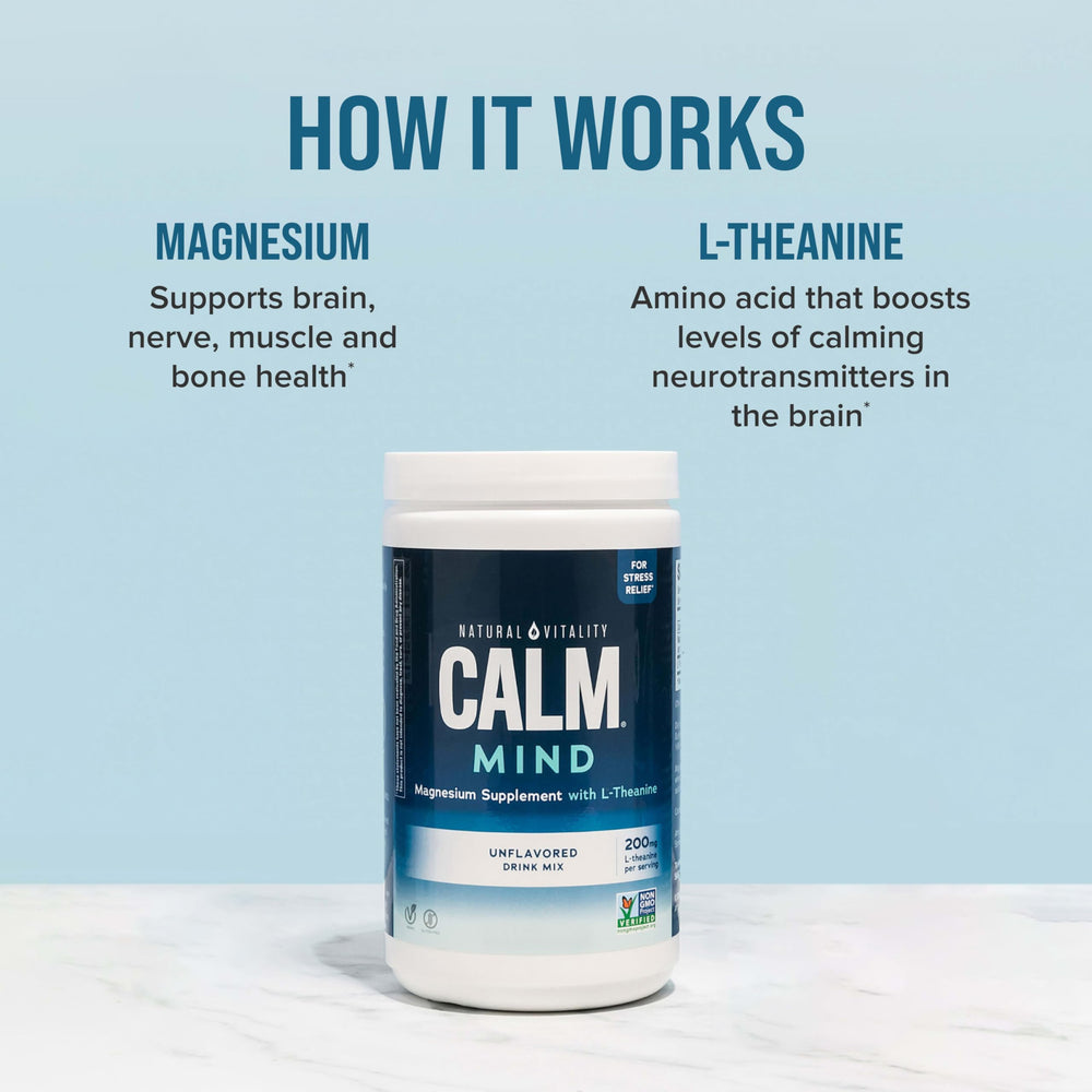 Natural Vitality etiqueta nutricional enfocada en magnesio y L‑theanine