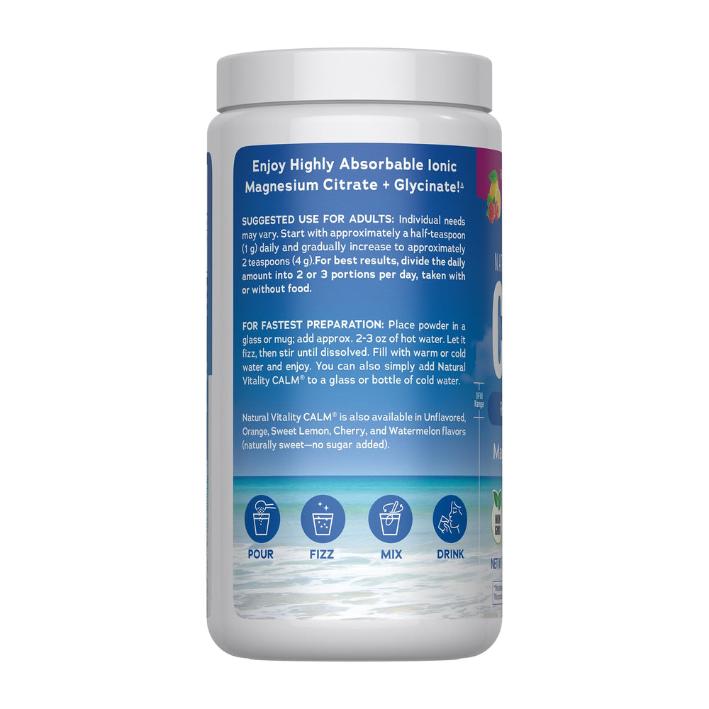 Natural Vitality CALM polvo en cuchara con efervescencia, muestra textura y fácil mezcla