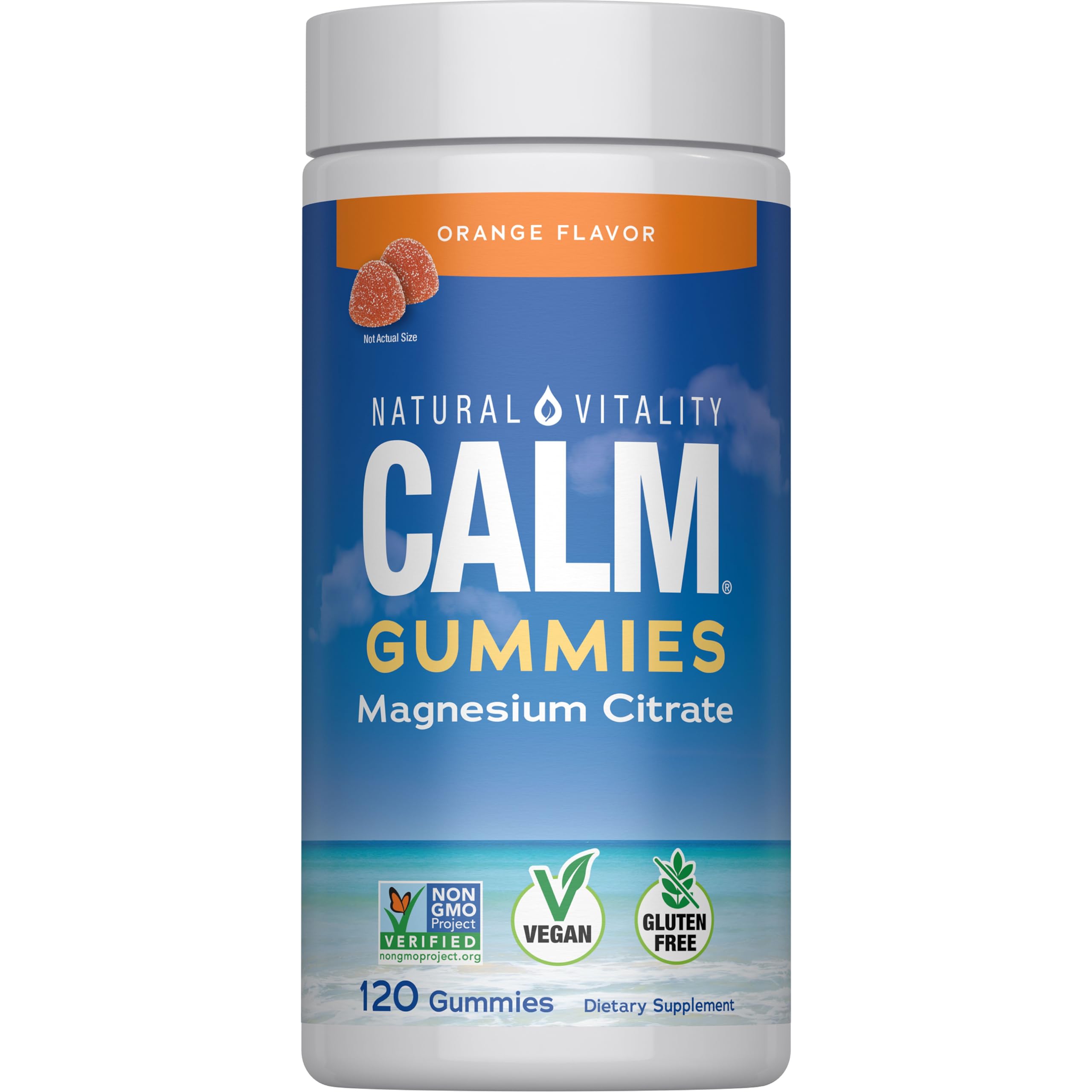Natural Vitality frasco delante con gominolas naranja beneficiando la comodidad