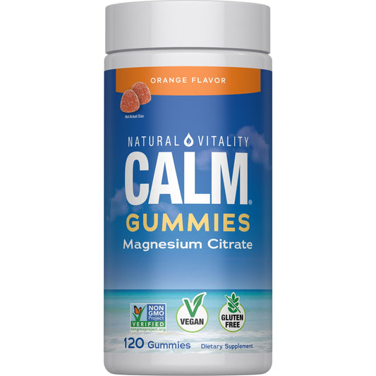 Natural Vitality frasco delante con gominolas naranja beneficiando la comodidad