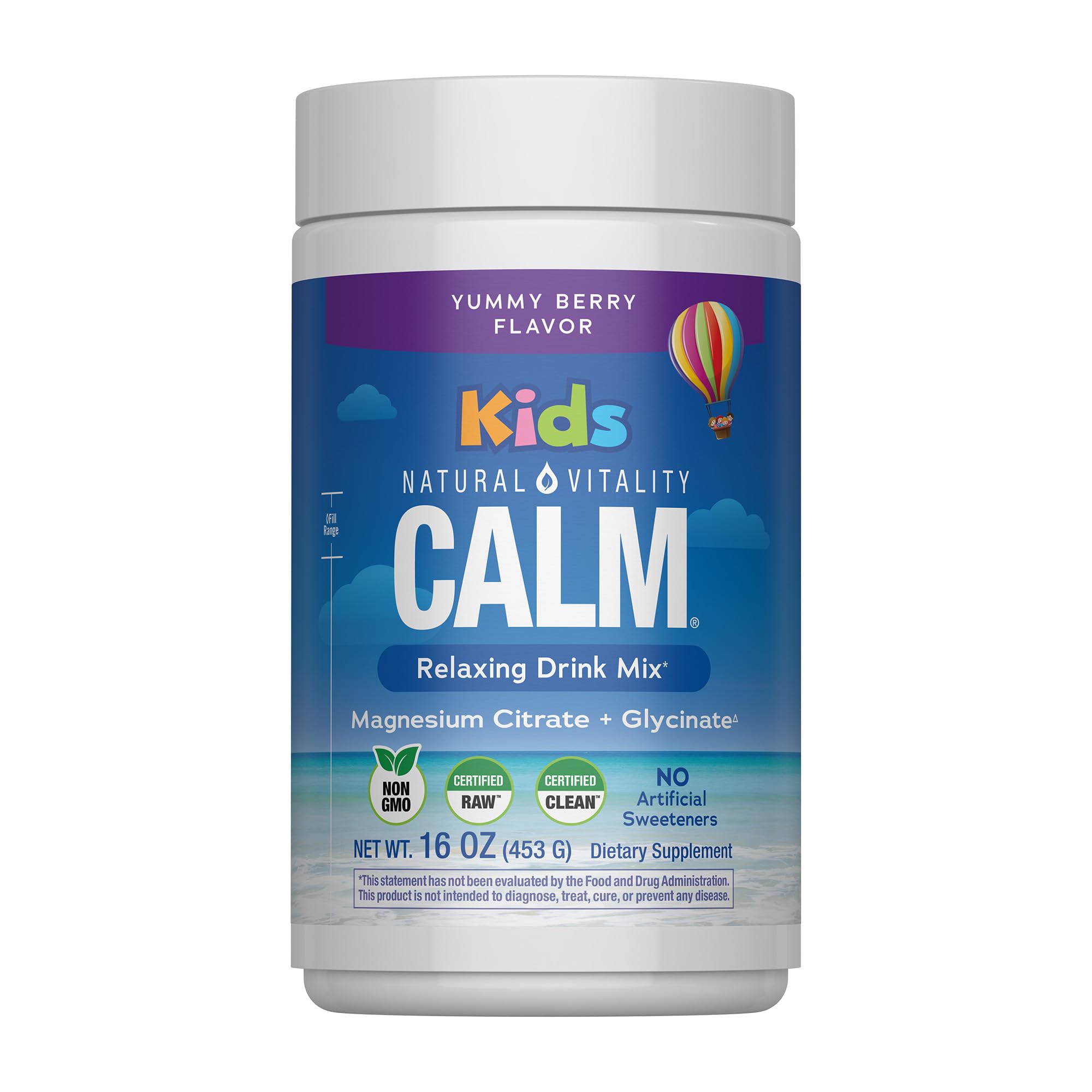 Natural Vitality frente del empaque mostrando dosis y sabor, práctico para padres