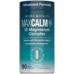 Natural Vitality envase frontal mostrando MaxCalm y beneficio de equilibrio