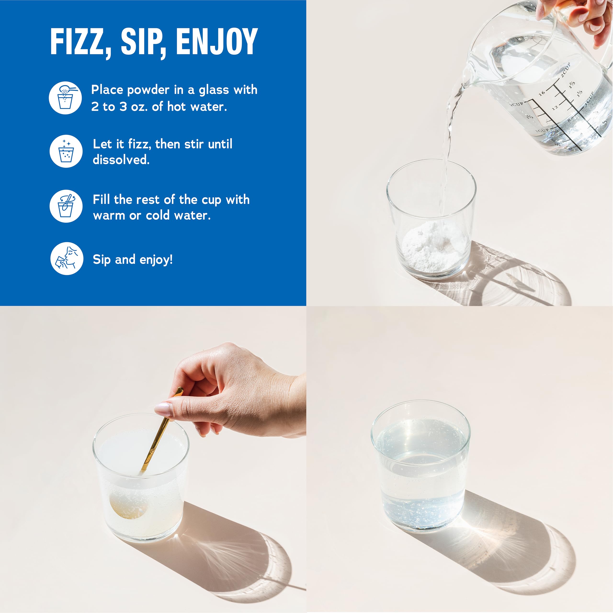 Natural Vitality vaso con bebida efervescente listo para beber, ofrece calma y frescura