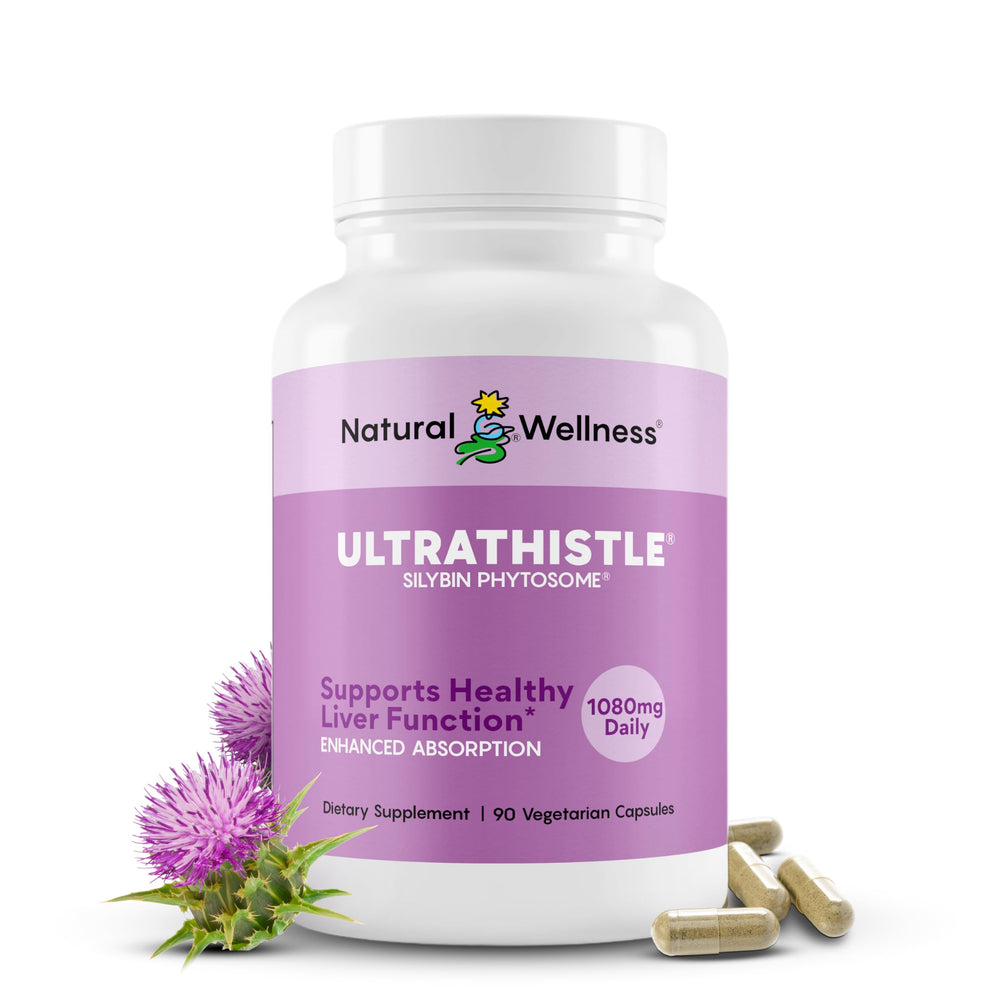 Natural Wellness frasco UltraThistle frontal mostrando etiqueta clara y beneficios