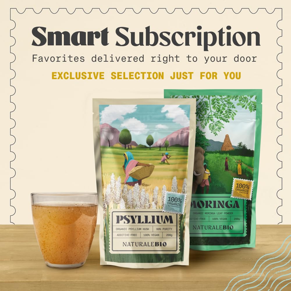 NaturaleBio psyllium comparación de tamaño del envase para escala